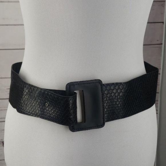 Vintage 80s Style Wide Black Waist  Hook Loop Belt - Picture 7 of 16